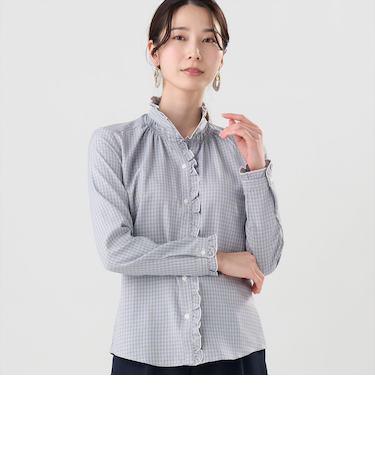 【COFREX】 スタンド ゴムシャーリングブラウス 長袖 レディースデザインシャツ