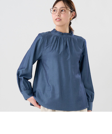 デニム風 衿フリル ブラウス 長袖 レディース