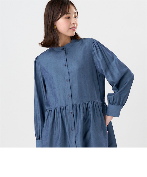 デニム風 ペプラム シャツブラウス 長袖 レディース