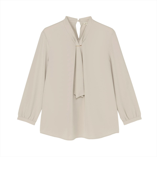 シルキーサテン パーツ付ボウタイ ブラウス 長袖 レディース