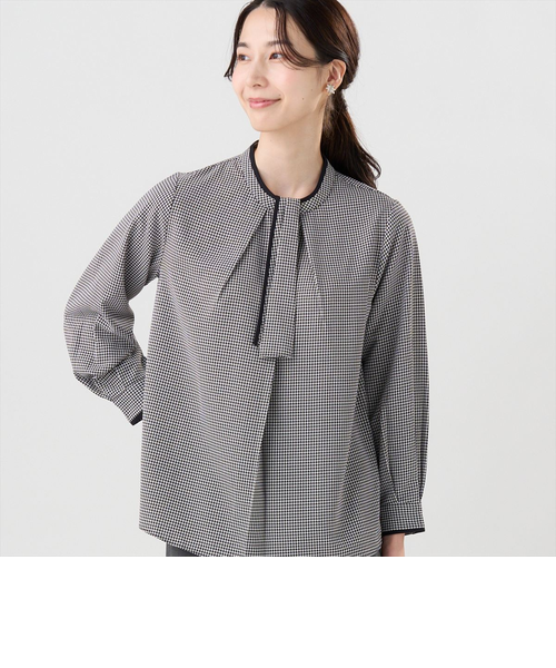 ストレッチジョーゼット 2WAY 配色ボウタイ ブラウス 長袖 レディース