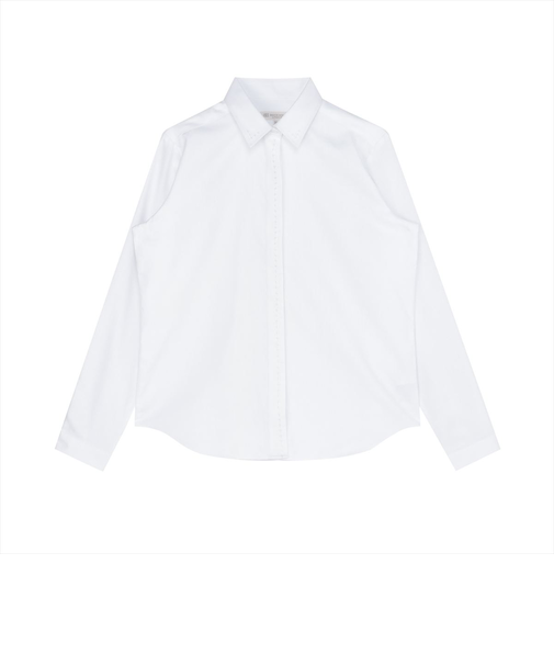 【透け防止】 衿・前立比翼刺繍 カジュアルシャツ レギュラー 長袖 レディース