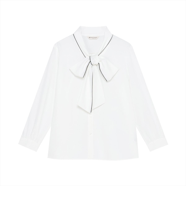 シルキーサテン 配色リボンタイ ブラウス 長袖 レディース