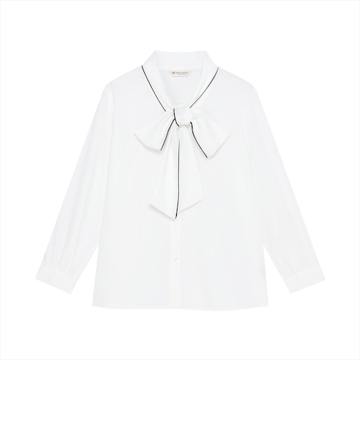 シルキーサテン 配色リボンタイ ブラウス 長袖 レディース