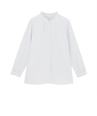 シルキーサテン バンドカラーフリル ブラウス 長袖 レディース