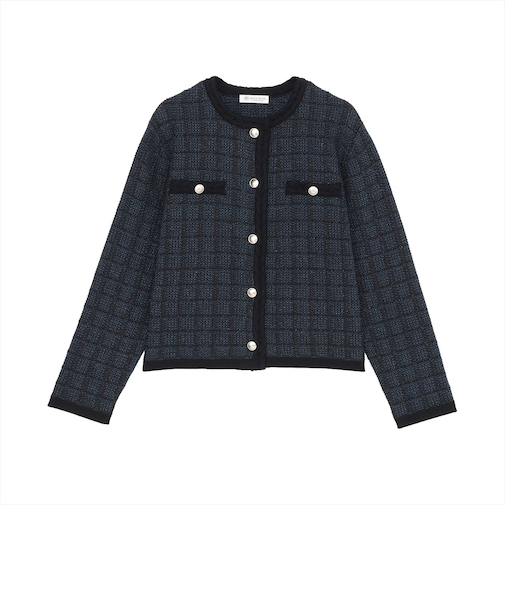 アウター ツイード風 クルーネック ジャケット レディース