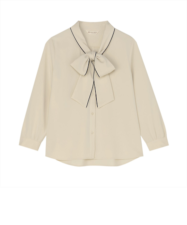 シルキーサテン 配色リボンタイ ブラウス 長袖 レディース