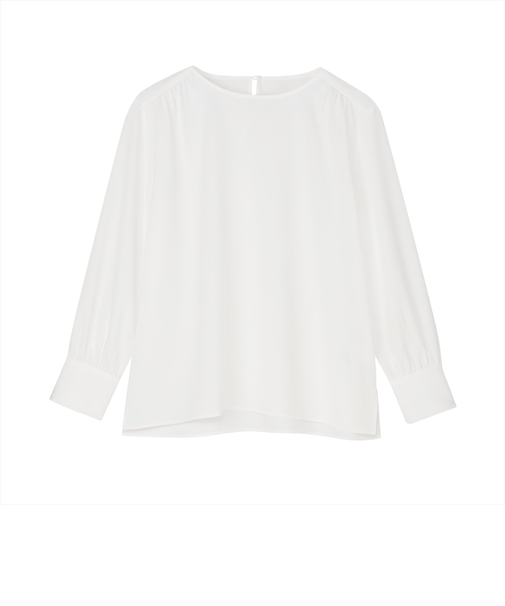 シルキーサテン クルーネック ブラウス 長袖 レディース