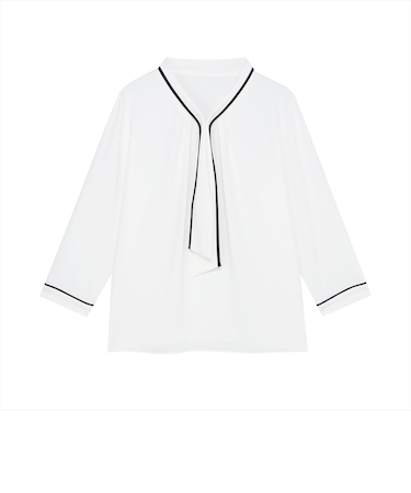 ストレッチジョーゼット 2WAY配色ボウタイ ブラウス 七分袖 レディース