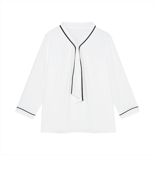 ストレッチジョーゼット 2WAY配色ボウタイ ブラウス 七分袖 レディース