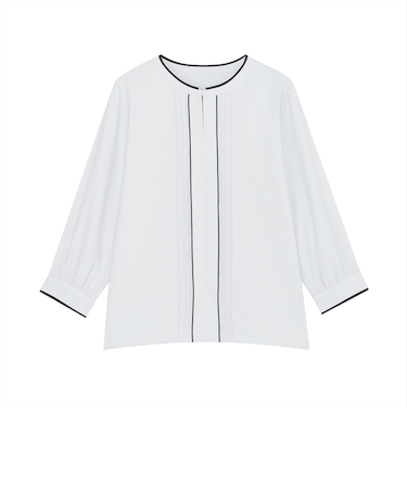 ストレッチジョーゼット 配色クルーネック タックブラウス 七分袖 レディース