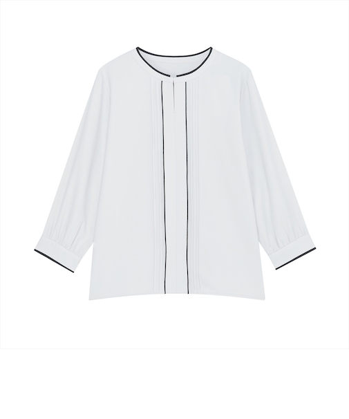 ストレッチジョーゼット 配色クルーネック タックブラウス 七分袖 レディース