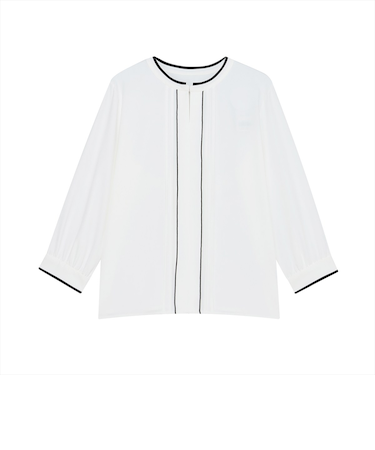 ストレッチジョーゼット 配色クルーネック タックブラウス 七分袖 レディース