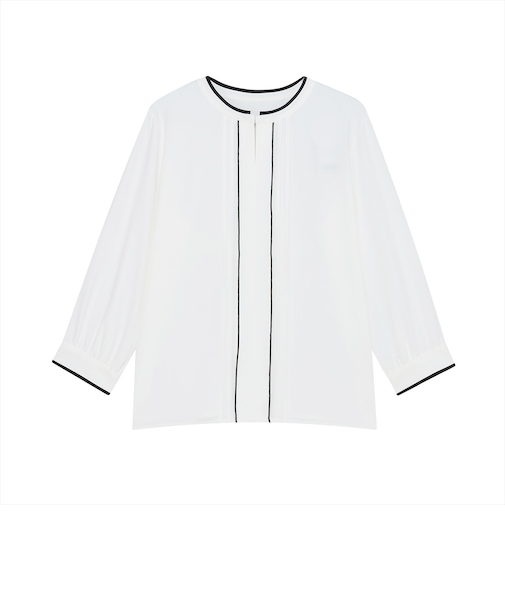 ストレッチジョーゼット 配色クルーネック タックブラウス 七分袖 レディース