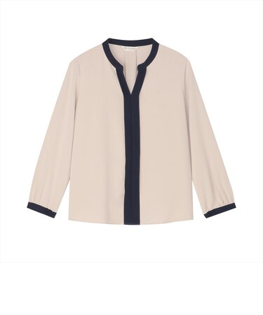 シルキーサテン 配色スキッパー ブラウス 長袖 レディース