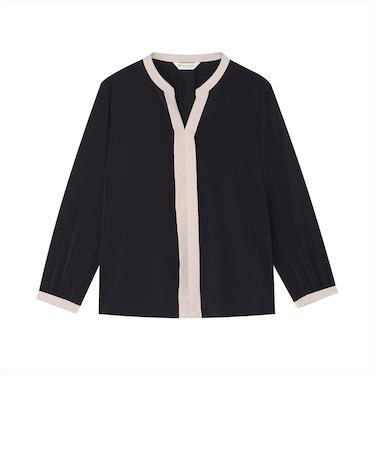 シルキーサテン 配色スキッパー ブラウス 長袖 レディース