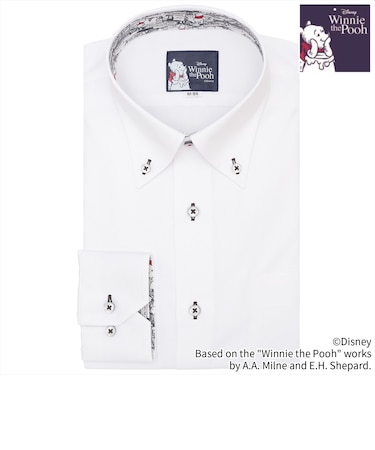 【くまのプーさん】ボタンダウン 長袖 形態安定 ワイシャツ 【透け防止】