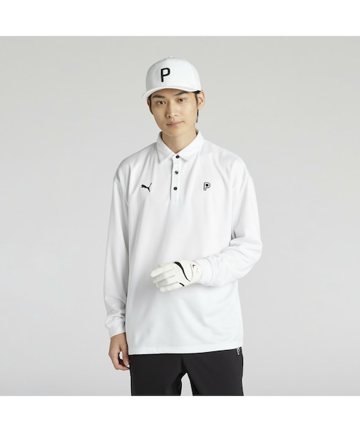 メンズ ゴルフ PC ストレッチ グリッド フリース リラックス P 長袖 ポロシャツ