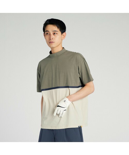 【美品】ブリーフィング　メンズ パネルストライプ　　モックネック　半袖シャツ メンズ ゴルフ FOG パネル カラー リラックス モックネック 半袖