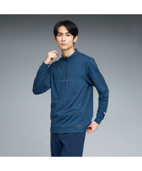 PUMA プーマゴルフ ミニ襟 ハーフジップ 長袖 シャツ ロゴ ネイビー XL