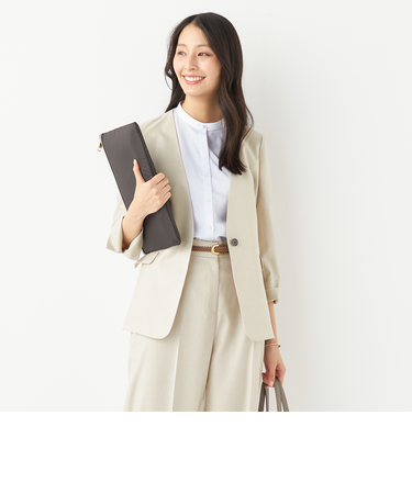 THE THIRD SUITS ノーカラージャケット 9分袖 麻調
