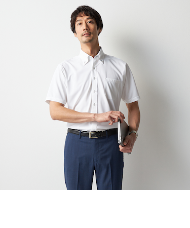 スーパーノンアイロンドライドライ半袖シャツ ボタンダウン 織柄