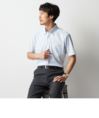 スーパーノンアイロンドライドライ半袖シャツ ボタンダウン 織柄