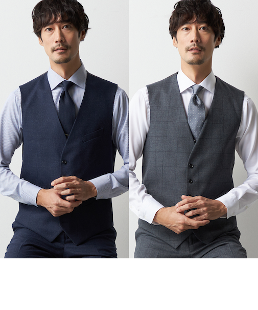 リバーシブルジレ 紺無地・グレーウィンドウペーン