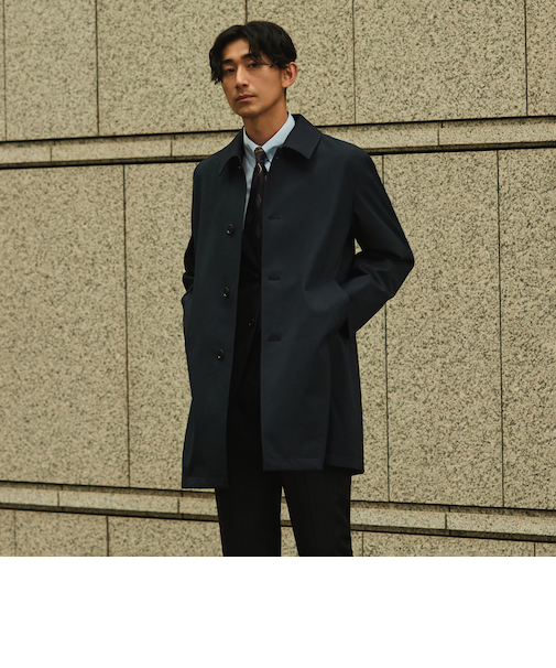 撥水ステンカラーコート 合繊デニム調