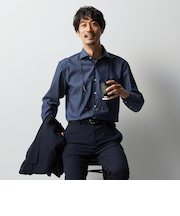 ビジカジシャツ 濃色デニム調ワイドカラー