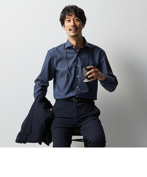 ビジカジシャツ 濃色デニム調ワイドカラー