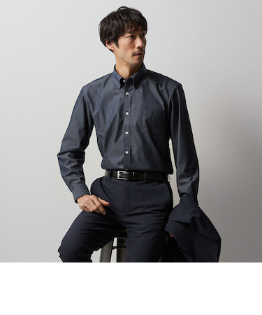 ビジカジシャツ 濃色デニム調スナップダウン