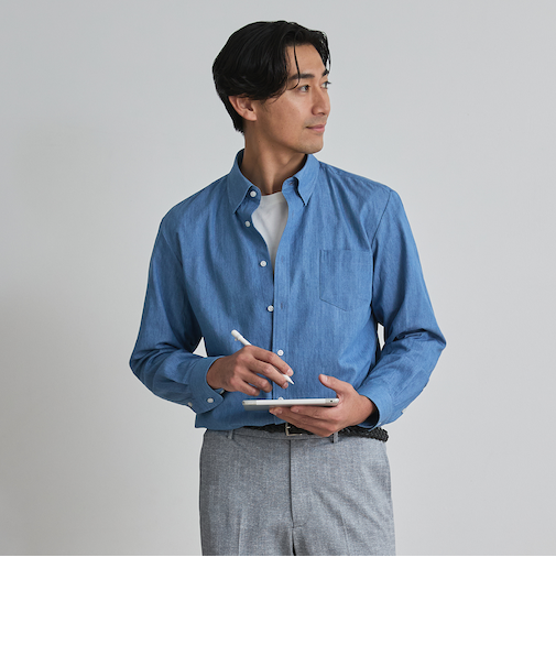 ビジカジシャツ デニム調スナップダウン