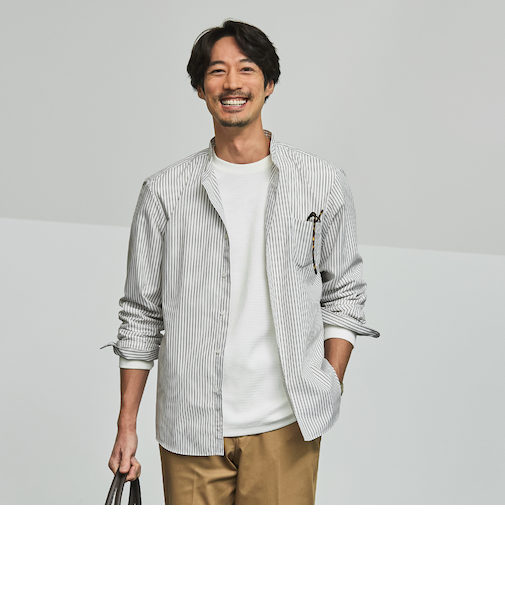 ビジカジシャツ ストライプバンドカラー