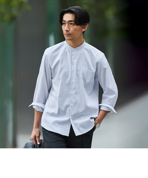 ビジカジシャツ 地付きストライプバンドカラー