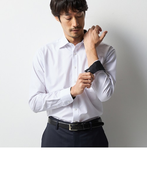 スーパーノンアイロンストレッチシャツ ワイドカラー 織柄プリント