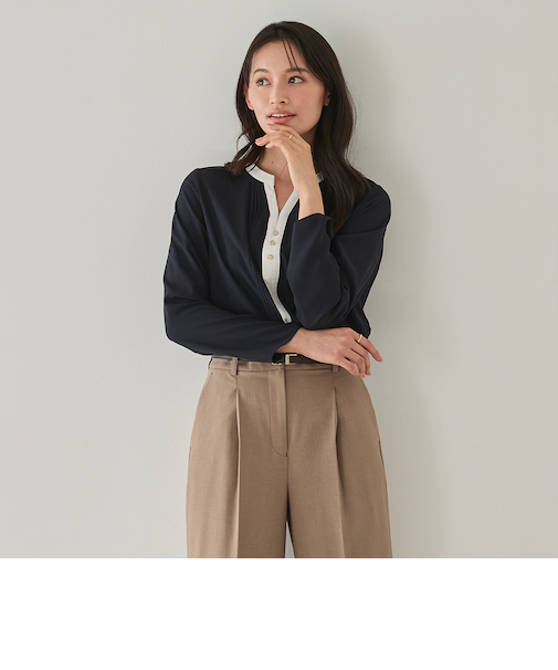 ORIHICA美ラクるブラウス キーネック配色