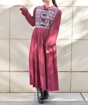 チャイナ釦薔薇柄切替ワンピース