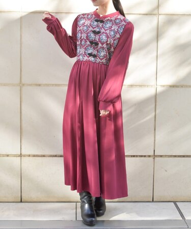 チャイナ釦薔薇柄切替ワンピース