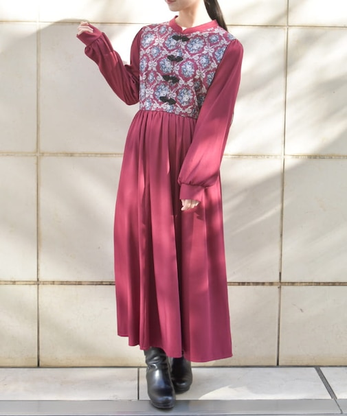 チャイナ釦薔薇柄切替ワンピース