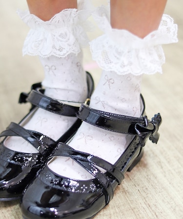 リボン透かし柄クルーソックス