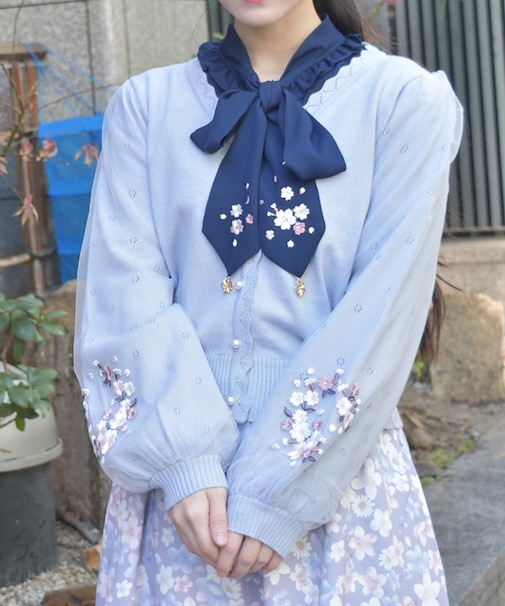 サクラ刺繍チュール袖カーディガン