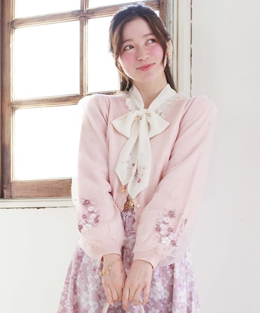 サクラ刺繍チュール袖カーディガン