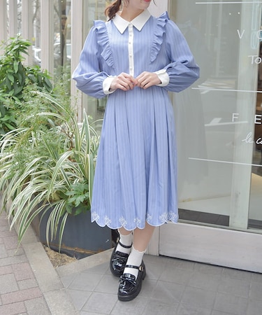 スカラップ刺繍バイカラーワンピース