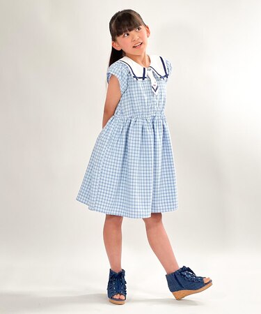 チェック柄セーラー肩開きワンピース
