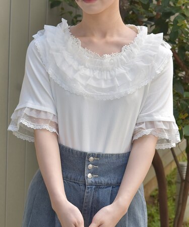 ドット×チュールフリルプルオーバー