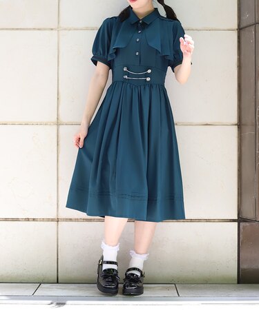 ハイウエストフラシ半袖ワンピース