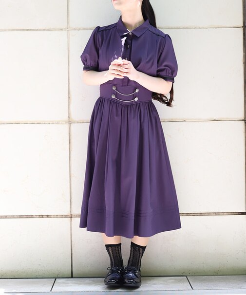 ハイウエストフラシ半袖ワンピース