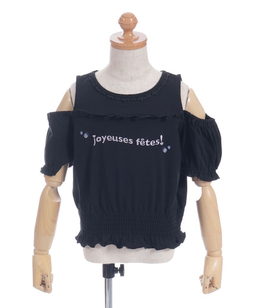 肩開きロゴ刺繍トップス