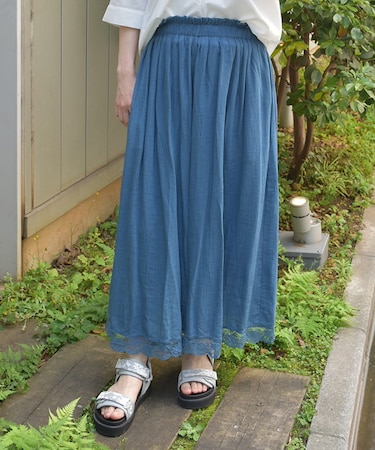 裾レース楊柳ワイドパンツ